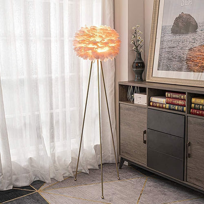 Feather Floor Lamp, Tripod Floor Lamp with Pink Feather Shade, Standing Light for Bedrooms/Dining Room/Living Room/Kitchen,Gold Classic