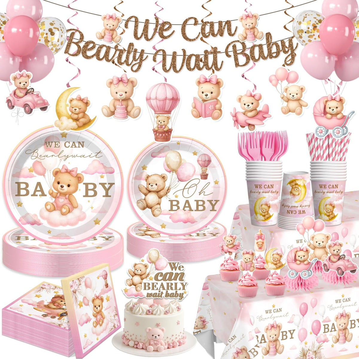 171Pcs Pink Bear Baby Shower Decorations Tableware Set, Serves 20
