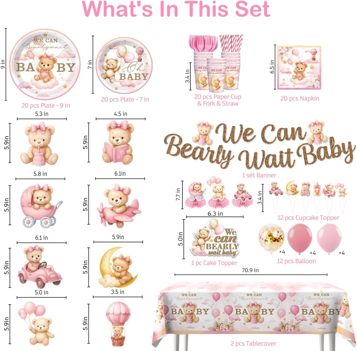171Pcs Pink Bear Baby Shower Decorations Tableware Set, Serves 20