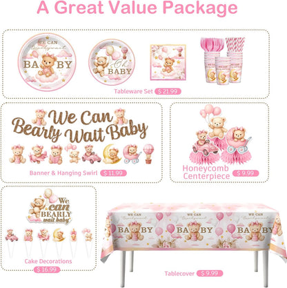 171Pcs Pink Bear Baby Shower Decorations Tableware Set, Serves 20