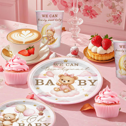 171Pcs Pink Bear Baby Shower Decorations Tableware Set, Serves 20