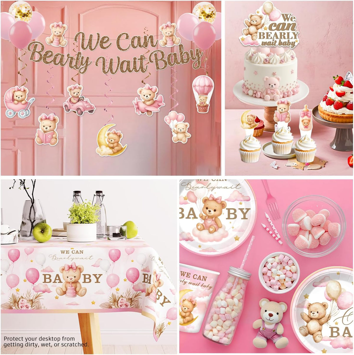 171Pcs Pink Bear Baby Shower Decorations Tableware Set, Serves 20