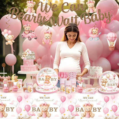 171Pcs Pink Bear Baby Shower Decorations Tableware Set, Serves 20