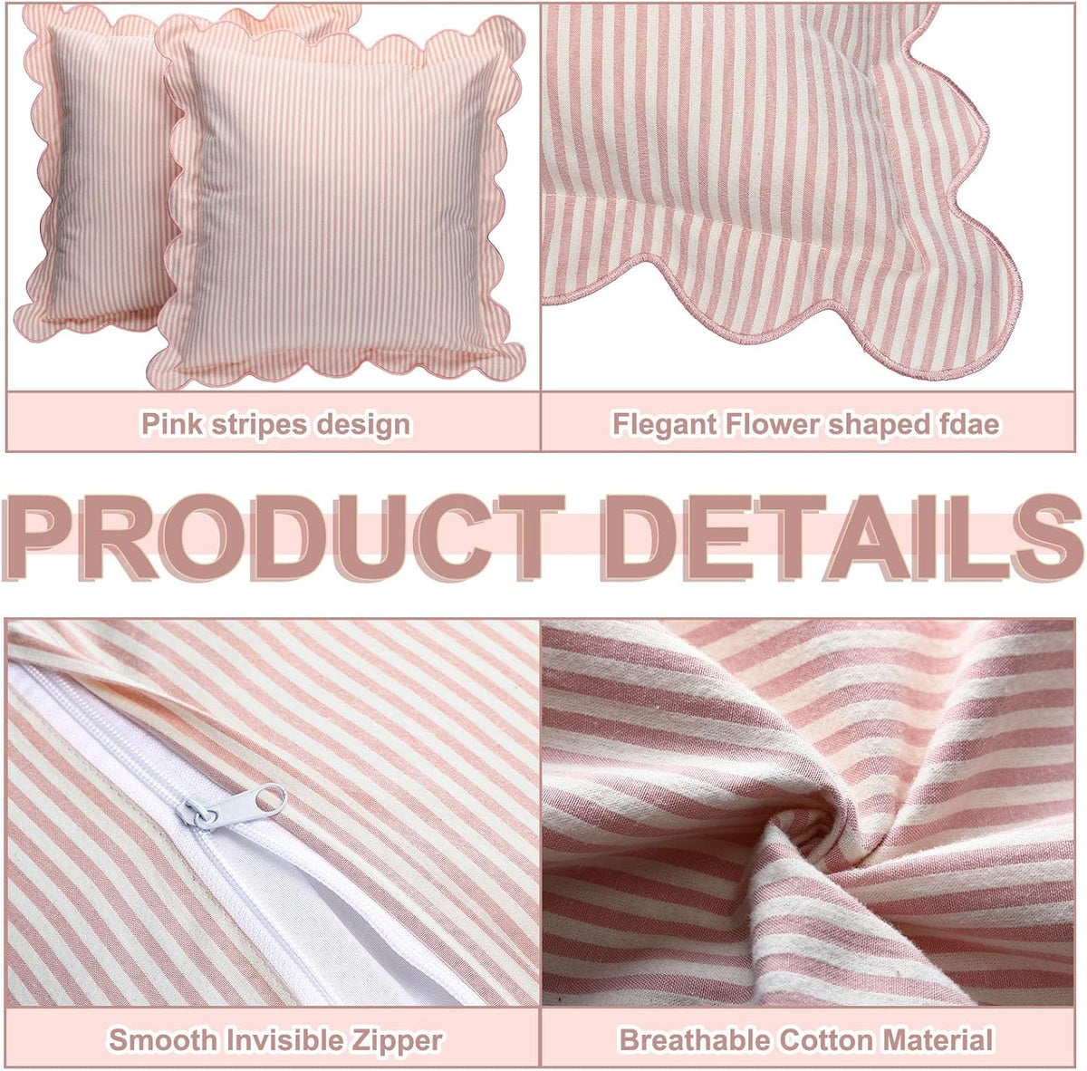 2 Pack Scalloped Pillow Covers, Pink Stripe, 20 x 20 Inch