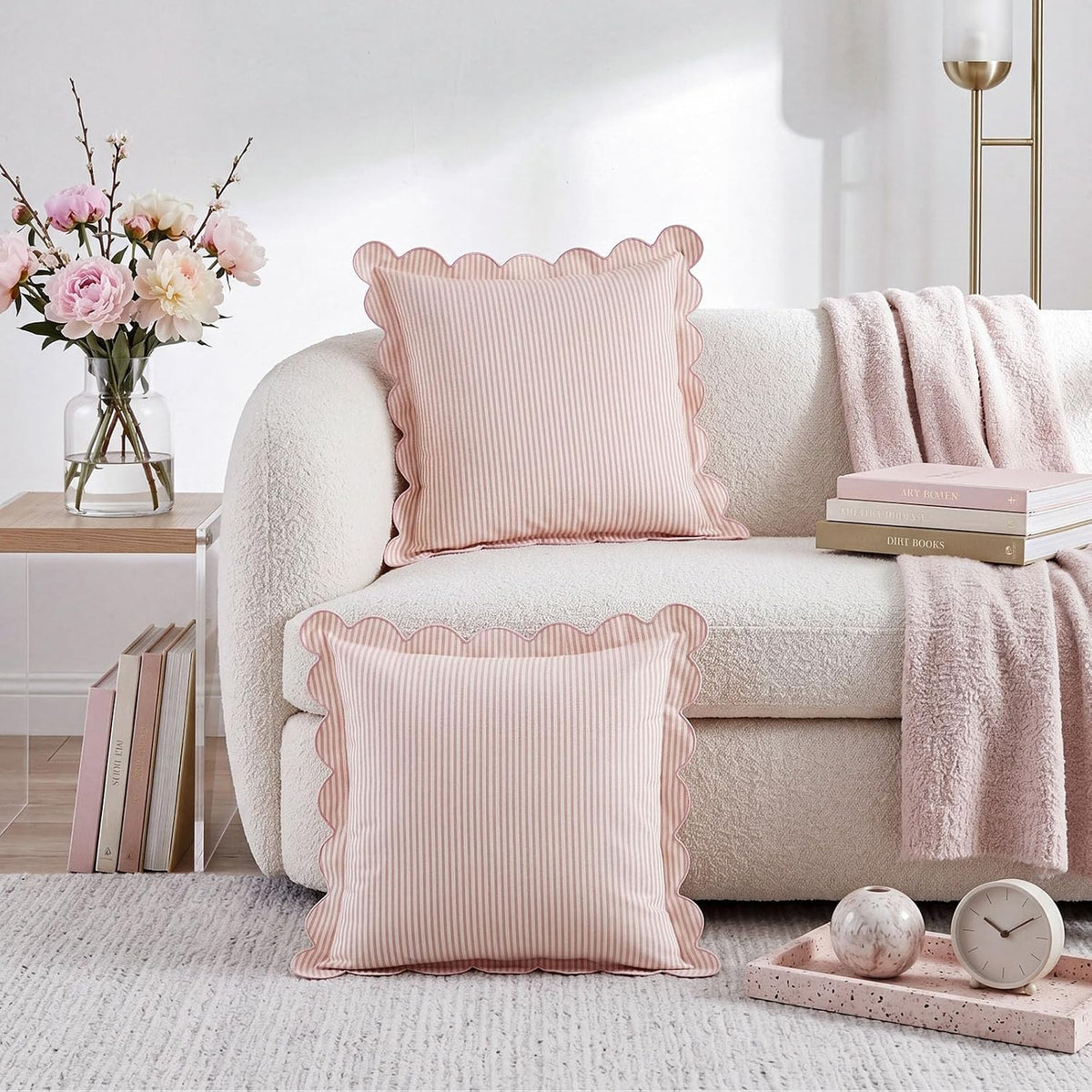 2 Pack Scalloped Pillow Covers, Pink Stripe, 20 x 20 Inch