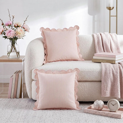 2 Pack Scalloped Pillow Covers, Pink Stripe, 20 x 20 Inch
