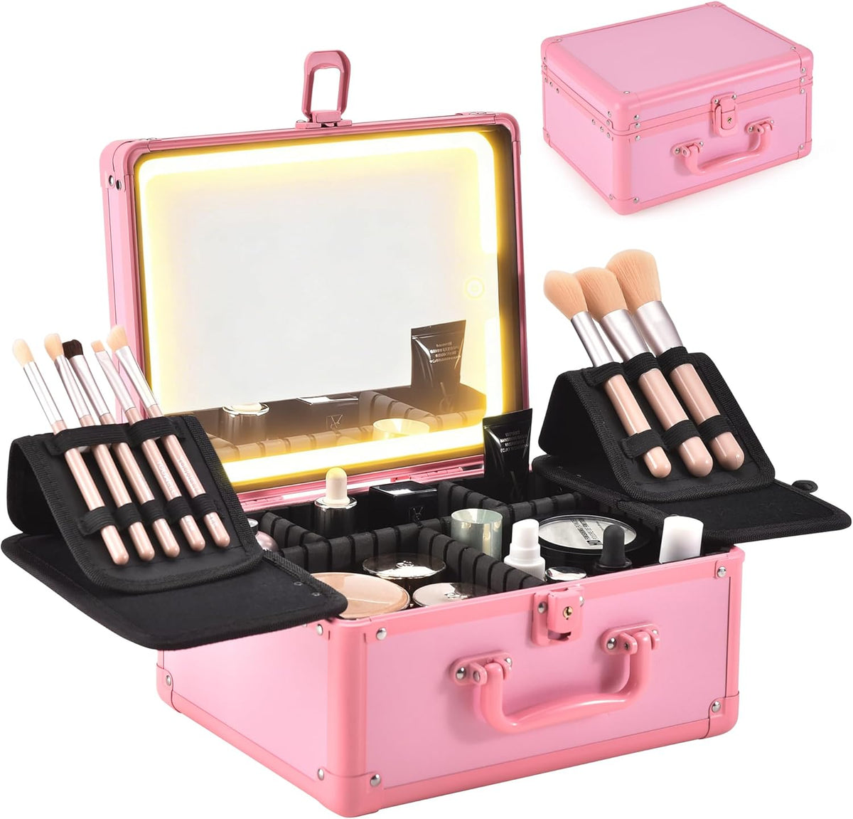 Makeup Case with Lighted Mirror, Makeup Box Organizer with Detachable LED Mirror, Travel Makeup Train Case, Waterproof Cosmetic Organizer, Standing Brush Holder, Gift, Pink
