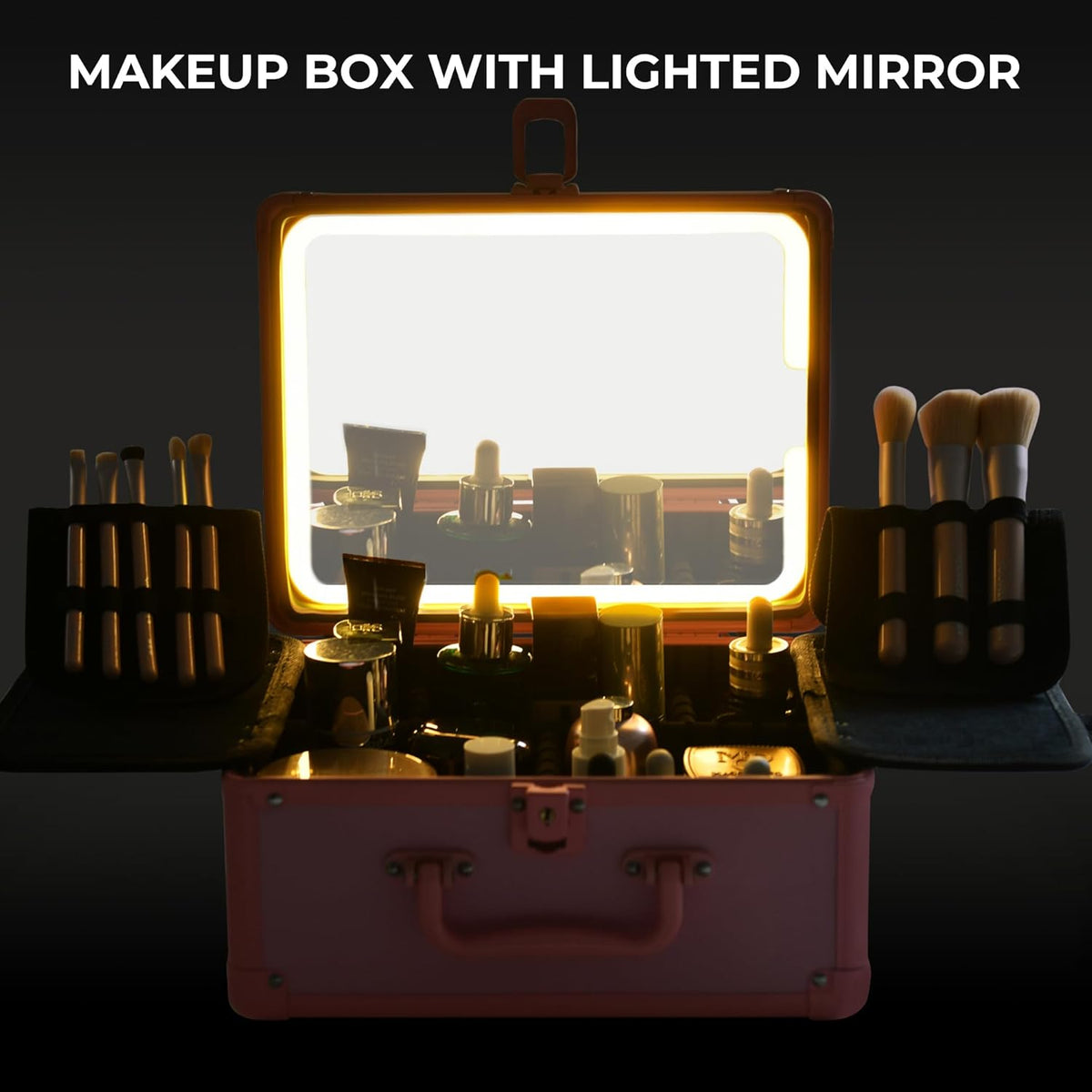 Makeup Case with Lighted Mirror, Makeup Box Organizer with Detachable LED Mirror, Travel Makeup Train Case, Waterproof Cosmetic Organizer, Standing Brush Holder, Gift, Pink