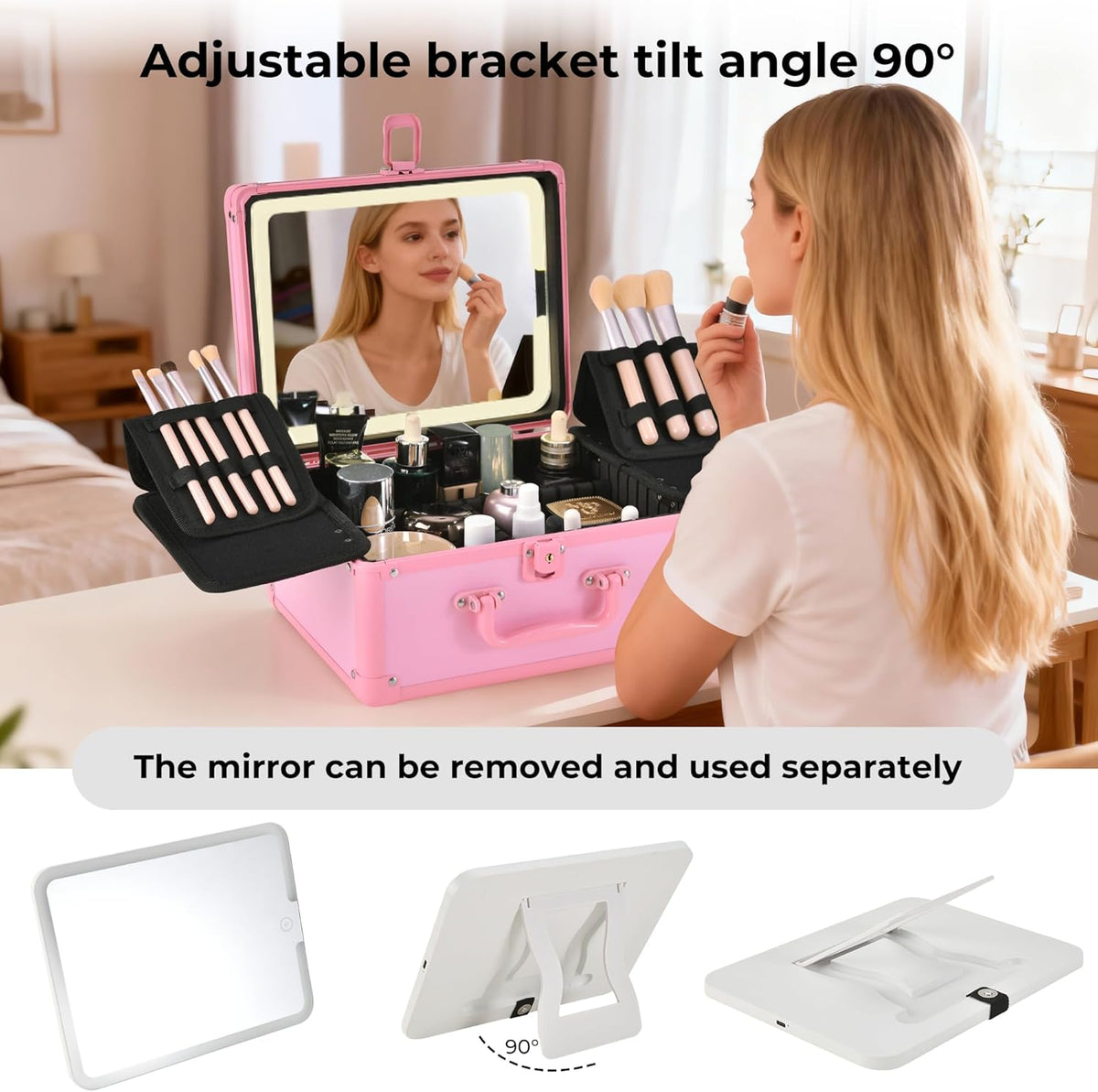 Makeup Case with Lighted Mirror, Makeup Box Organizer with Detachable LED Mirror, Travel Makeup Train Case, Waterproof Cosmetic Organizer, Standing Brush Holder, Gift, Pink