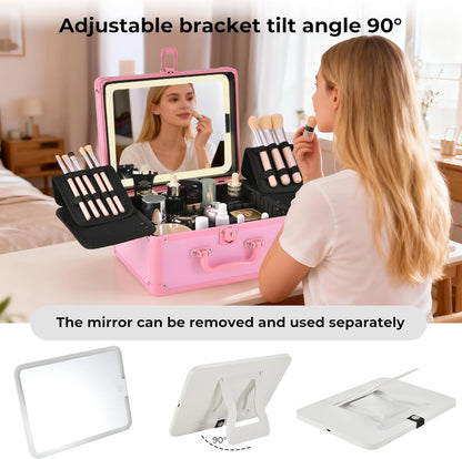 Makeup Case with Lighted Mirror, Makeup Box Organizer with Detachable LED Mirror, Travel Makeup Train Case, Waterproof Cosmetic Organizer, Standing Brush Holder, Gift, Pink