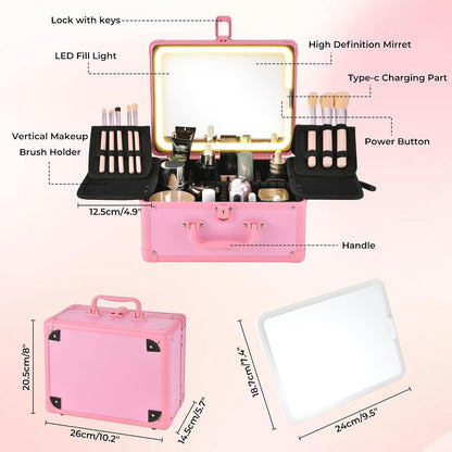 Makeup Case with Lighted Mirror, Makeup Box Organizer with Detachable LED Mirror, Travel Makeup Train Case, Waterproof Cosmetic Organizer, Standing Brush Holder, Gift, Pink