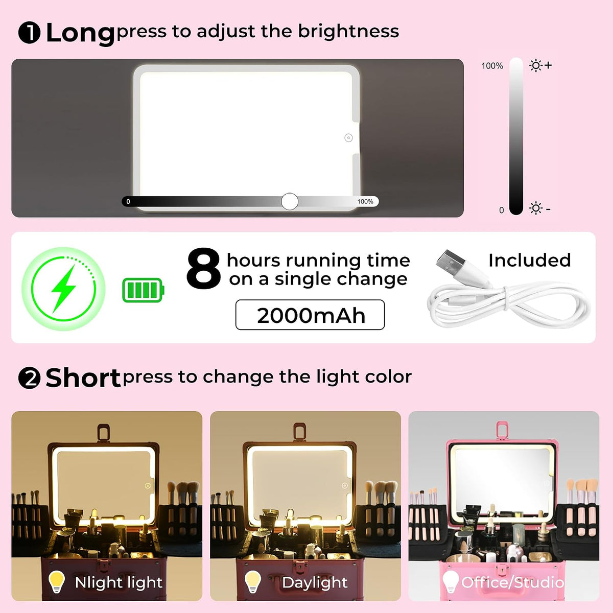 Makeup Case with Lighted Mirror, Makeup Box Organizer with Detachable LED Mirror, Travel Makeup Train Case, Waterproof Cosmetic Organizer, Standing Brush Holder, Gift, Pink