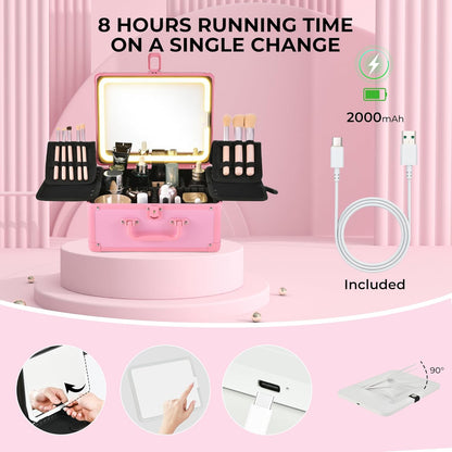 Makeup Case with Lighted Mirror, Makeup Box Organizer with Detachable LED Mirror, Travel Makeup Train Case, Waterproof Cosmetic Organizer, Standing Brush Holder, Gift, Pink