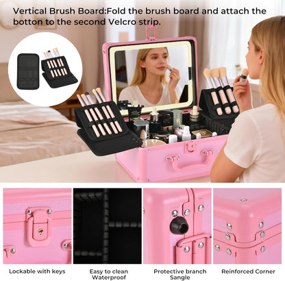 Makeup Case with Lighted Mirror, Makeup Box Organizer with Detachable LED Mirror, Travel Makeup Train Case, Waterproof Cosmetic Organizer, Standing Brush Holder, Gift, Pink
