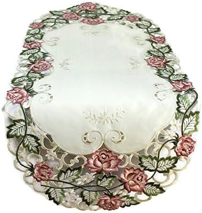 Table Runner Embroidered with Victorian Pink Roses on Ivory Material, Size 34 x 14 inches
