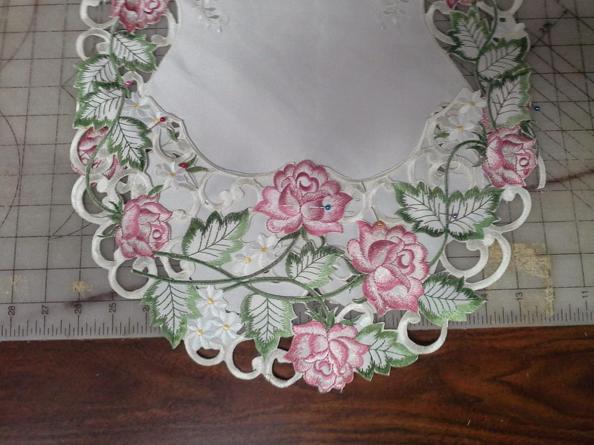 Table Runner Embroidered with Victorian Pink Roses on Ivory Material, Size 34 x 14 inches