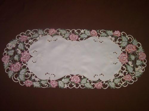 Table Runner Embroidered with Victorian Pink Roses on Ivory Material, Size 34 x 14 inches