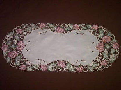 Table Runner Embroidered with Victorian Pink Roses on Ivory Material, Size 34 x 14 inches