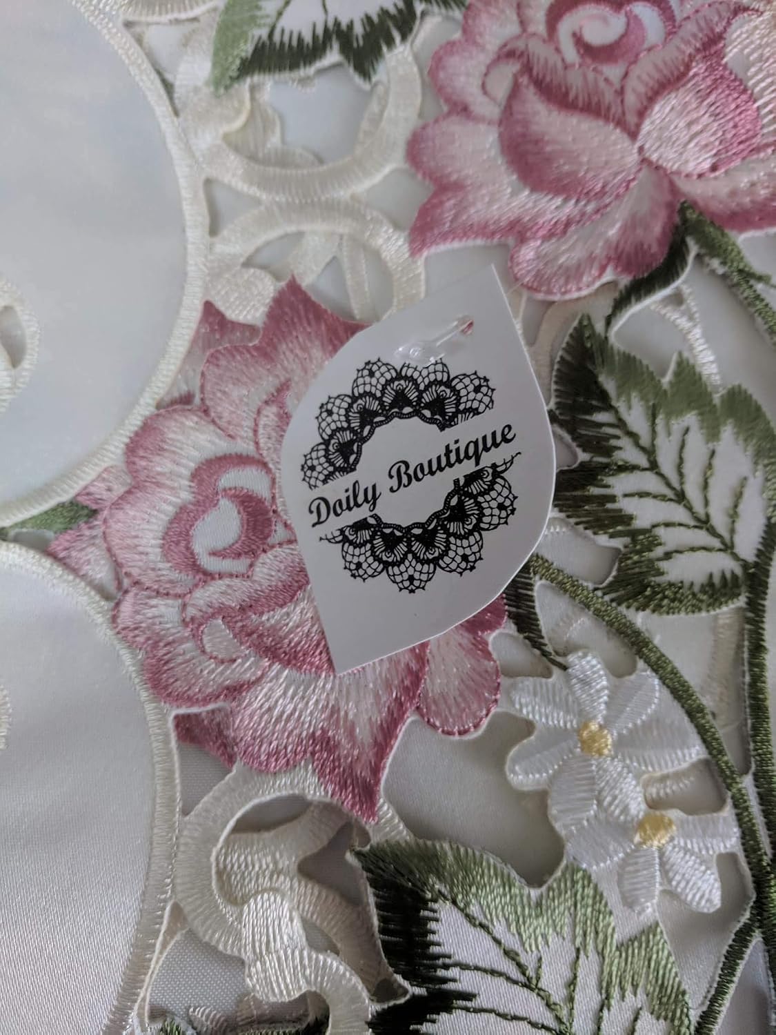 Table Runner Embroidered with Victorian Pink Roses on Ivory Material, Size 34 x 14 inches