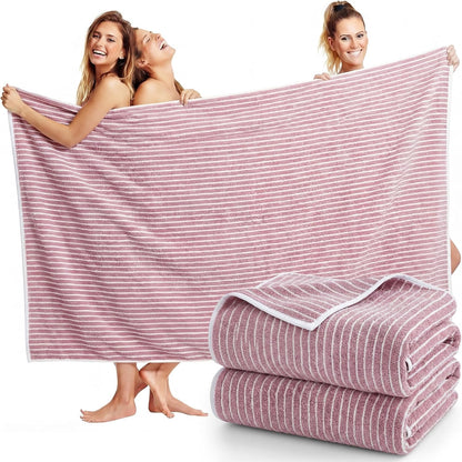 2 Pack Oversized Bath Towels 40 x 80 in Coral Fleece Extra Large Pink and White Striped Bath Sheets Microfiber Quick Dry Absorbent Shower Towel for Beach Pool Hotel Bathroom Spa Gym