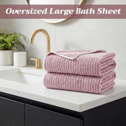 2 Pack Oversized Bath Towels 40 x 80 in Coral Fleece Extra Large Pink and White Striped Bath Sheets Microfiber Quick Dry Absorbent Shower Towel for Beach Pool Hotel Bathroom Spa Gym