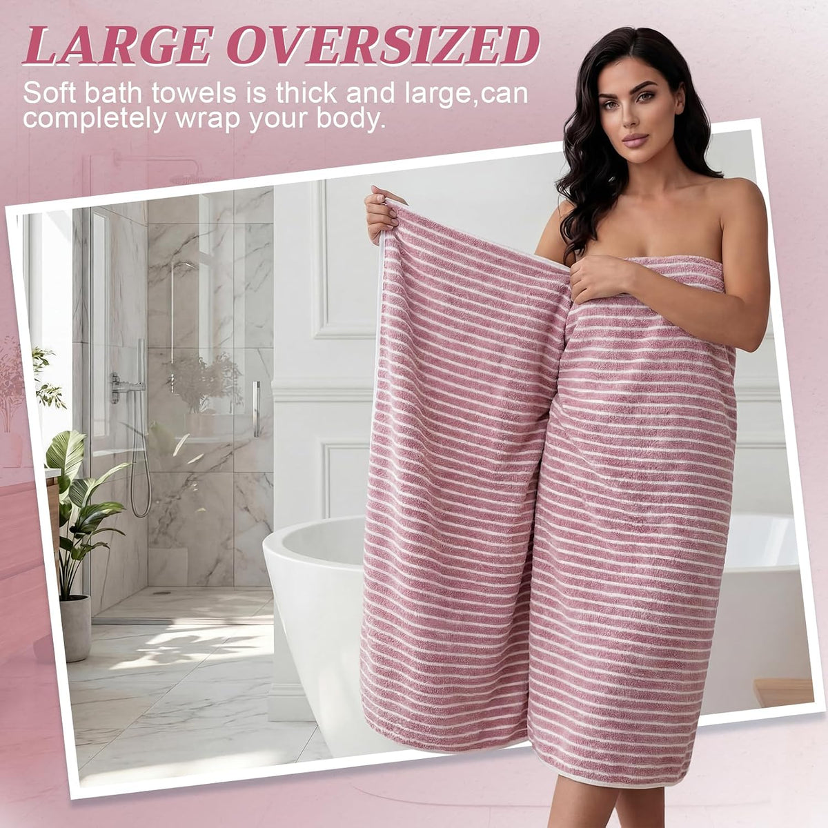 2 Pack Oversized Bath Towels 40 x 80 in Coral Fleece Extra Large Pink and White Striped Bath Sheets Microfiber Quick Dry Absorbent Shower Towel for Beach Pool Hotel Bathroom Spa Gym