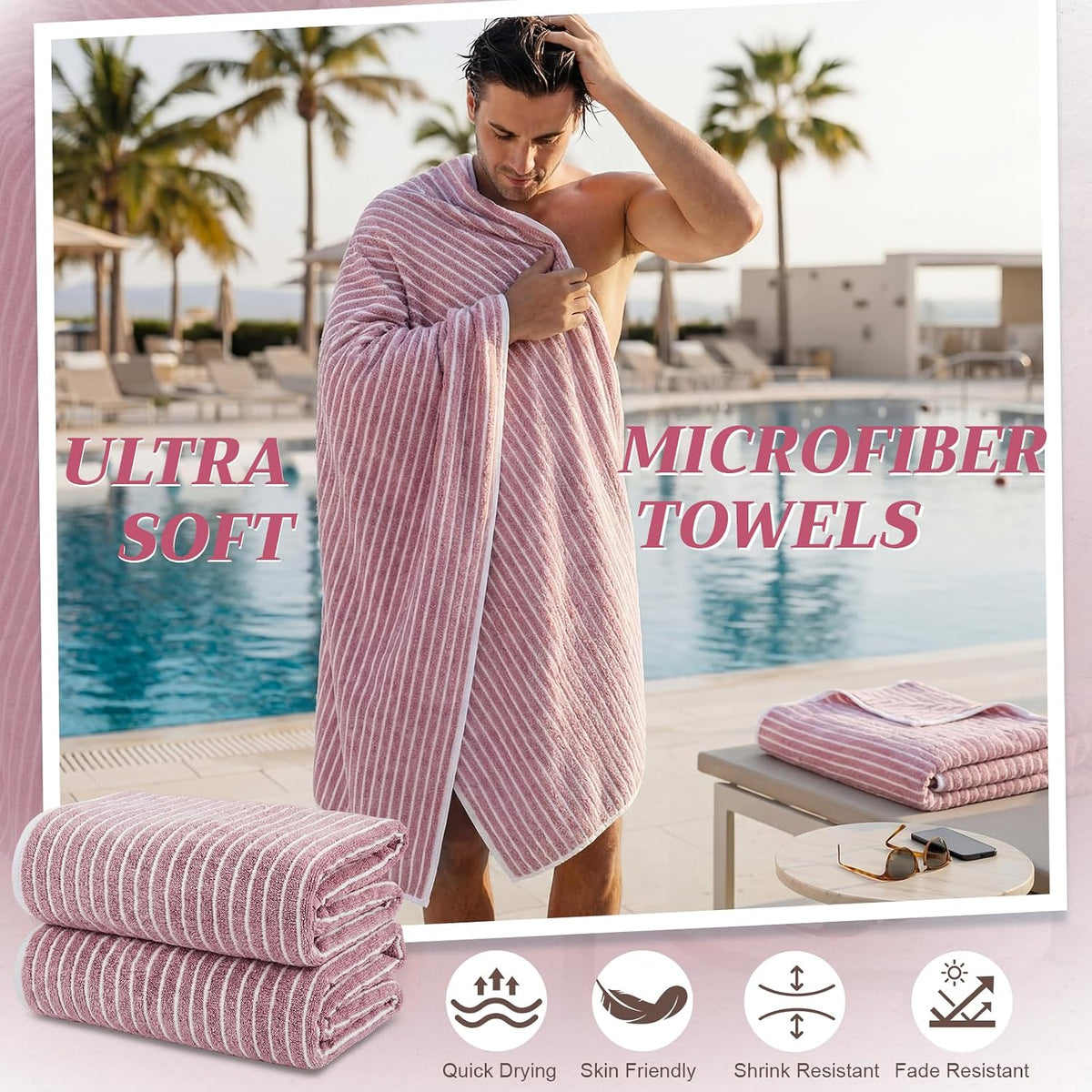 2 Pack Oversized Bath Towels 40 x 80 in Coral Fleece Extra Large Pink and White Striped Bath Sheets Microfiber Quick Dry Absorbent Shower Towel for Beach Pool Hotel Bathroom Spa Gym