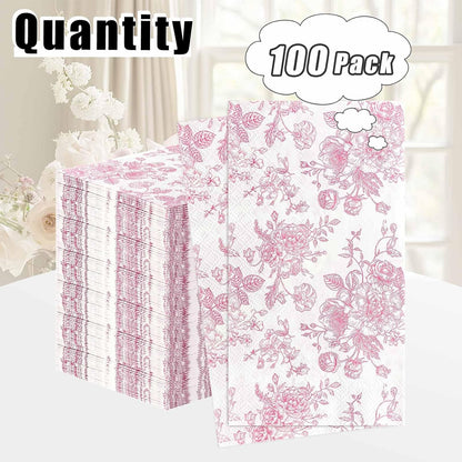 100 Pcs Pink Floral Dinner Napkins 3-Ply Flower Paper Napkins Disposable Guest Hand Towels for Bathroom Dinner Wedding Baby Shower Party Floral Guest Bathroom Napkins