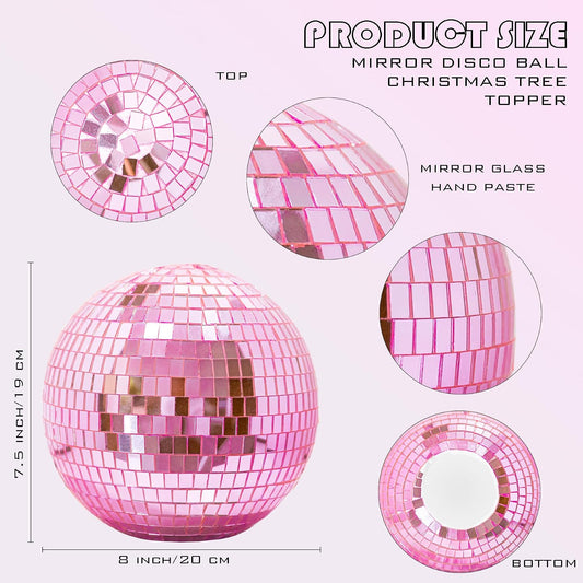 Pink Christmas Tree Topper 8 Inch Mirror Disco Ball Tree Topper