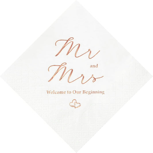 Crisky 3-Ply Rose Gold Foil Mr and Mrs Wedding Cocktail Napkins 100 Counts for Wedding Party Reception Dessert Cake Table Decorations Welcome to Our Beginning Disposable Napkins
