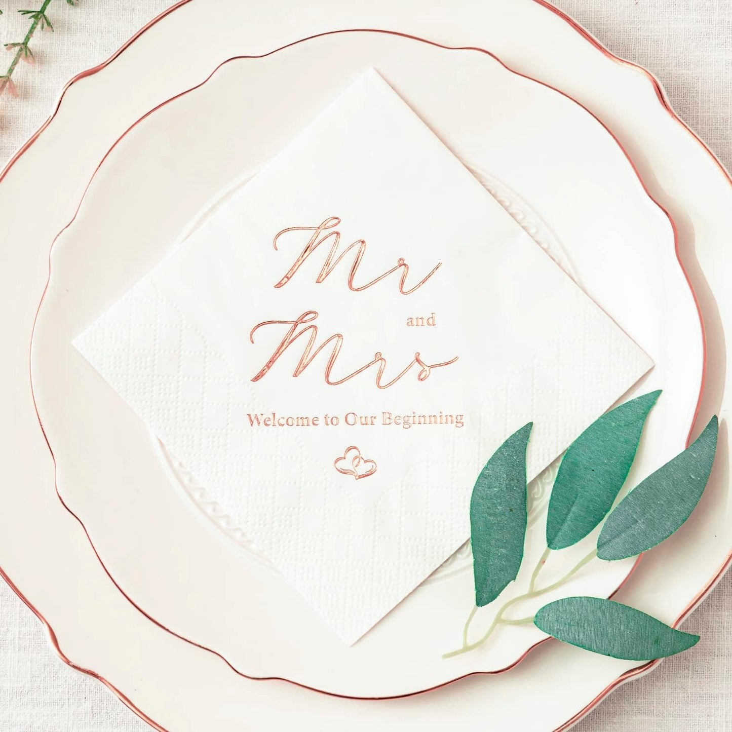 Crisky 3-Ply Rose Gold Foil Mr and Mrs Wedding Cocktail Napkins 100 Counts for Wedding Party Reception Dessert Cake Table Decorations Welcome to Our Beginning Disposable Napkins