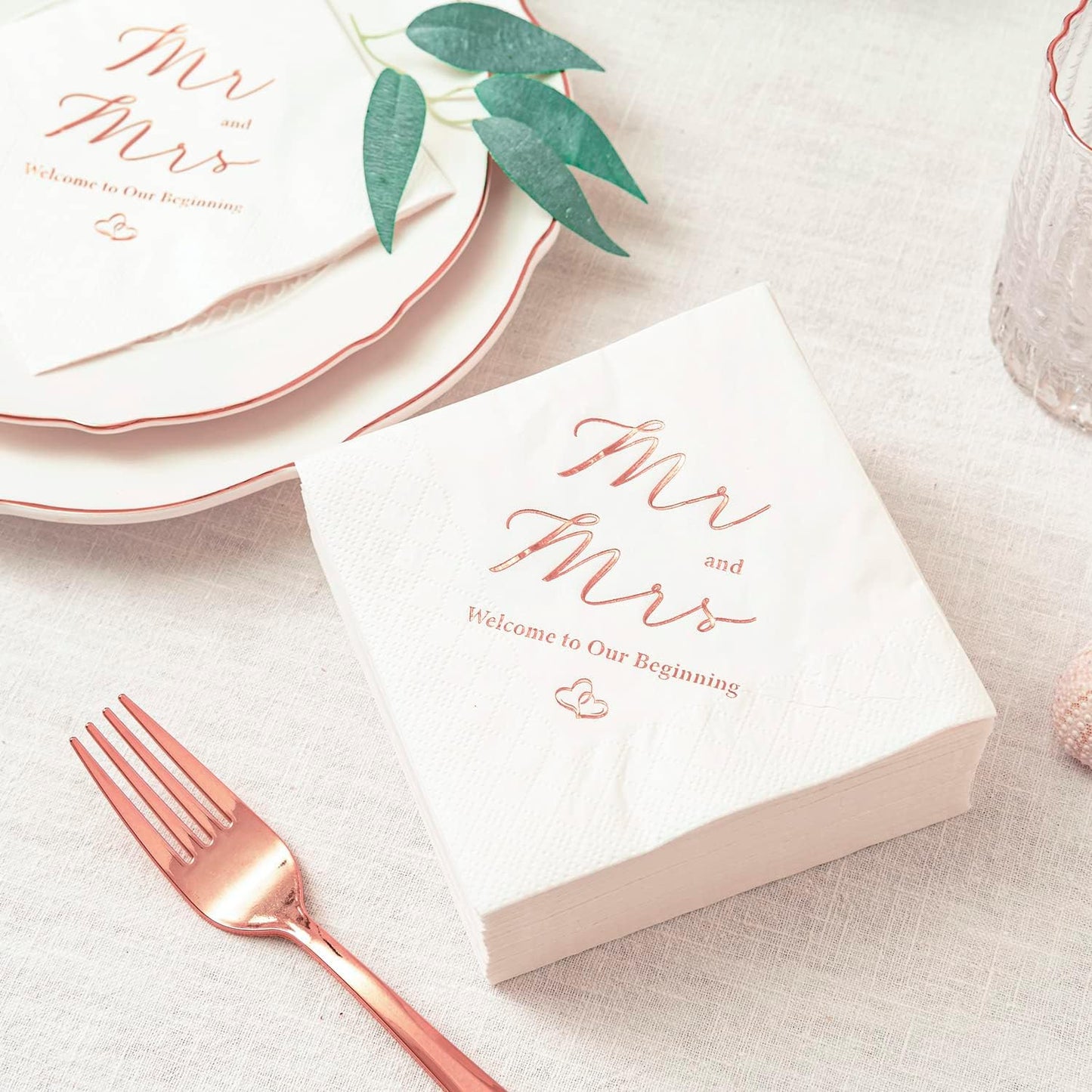 Crisky 3-Ply Rose Gold Foil Mr and Mrs Wedding Cocktail Napkins 100 Counts for Wedding Party Reception Dessert Cake Table Decorations Welcome to Our Beginning Disposable Napkins