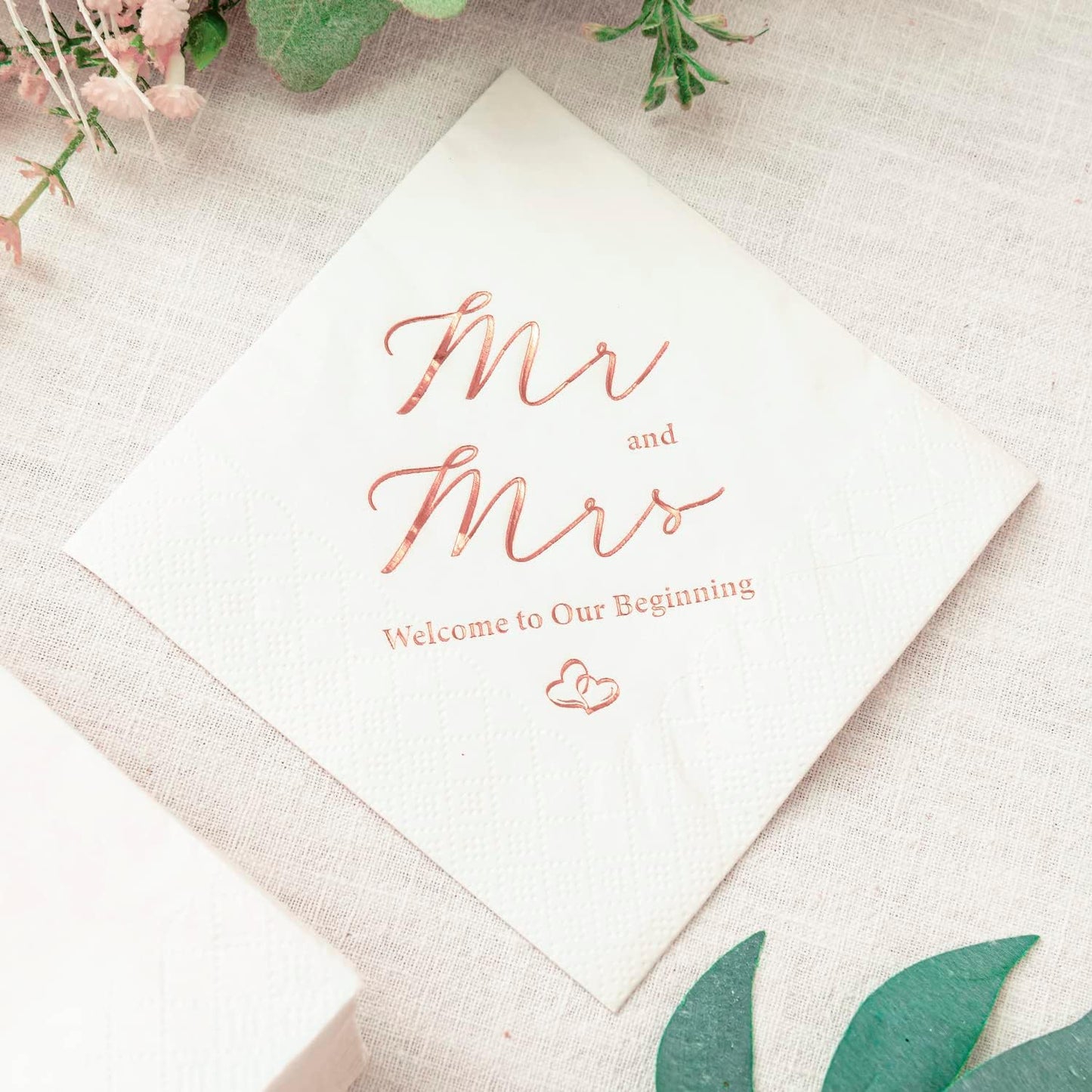 Crisky 3-Ply Rose Gold Foil Mr and Mrs Wedding Cocktail Napkins 100 Counts for Wedding Party Reception Dessert Cake Table Decorations Welcome to Our Beginning Disposable Napkins