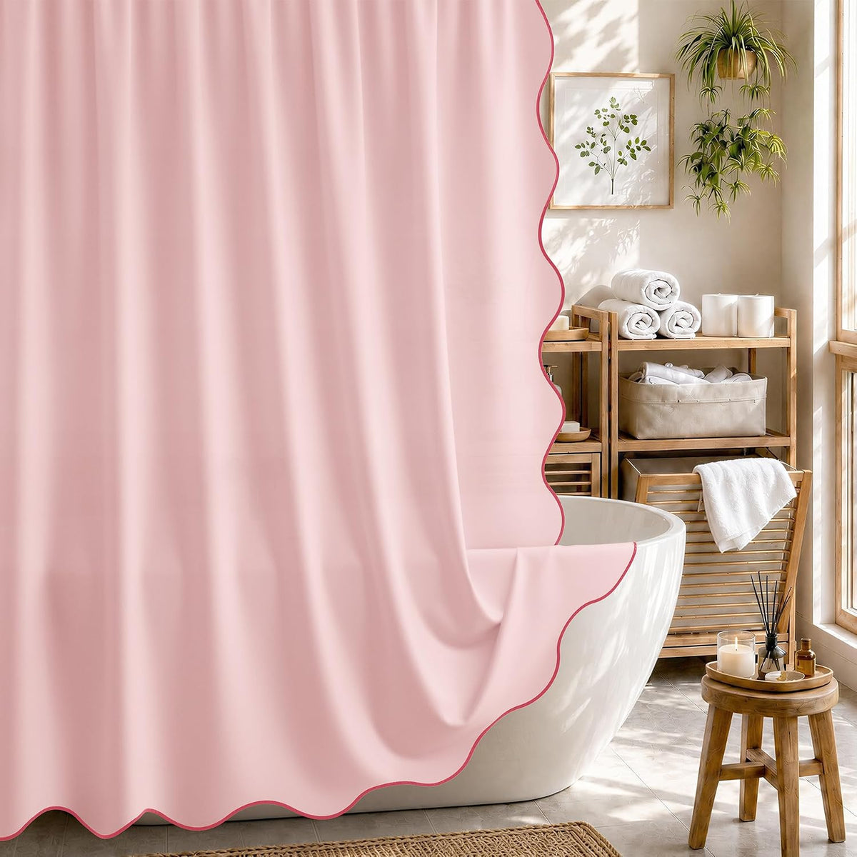 Pink Scalloped Shower Curtain with 12 Metal Hooks, Cute Heavy Duty Washable Curtains for Bathroom Hotel Bathtub, Water Repellent, 72 x 72 Inches
