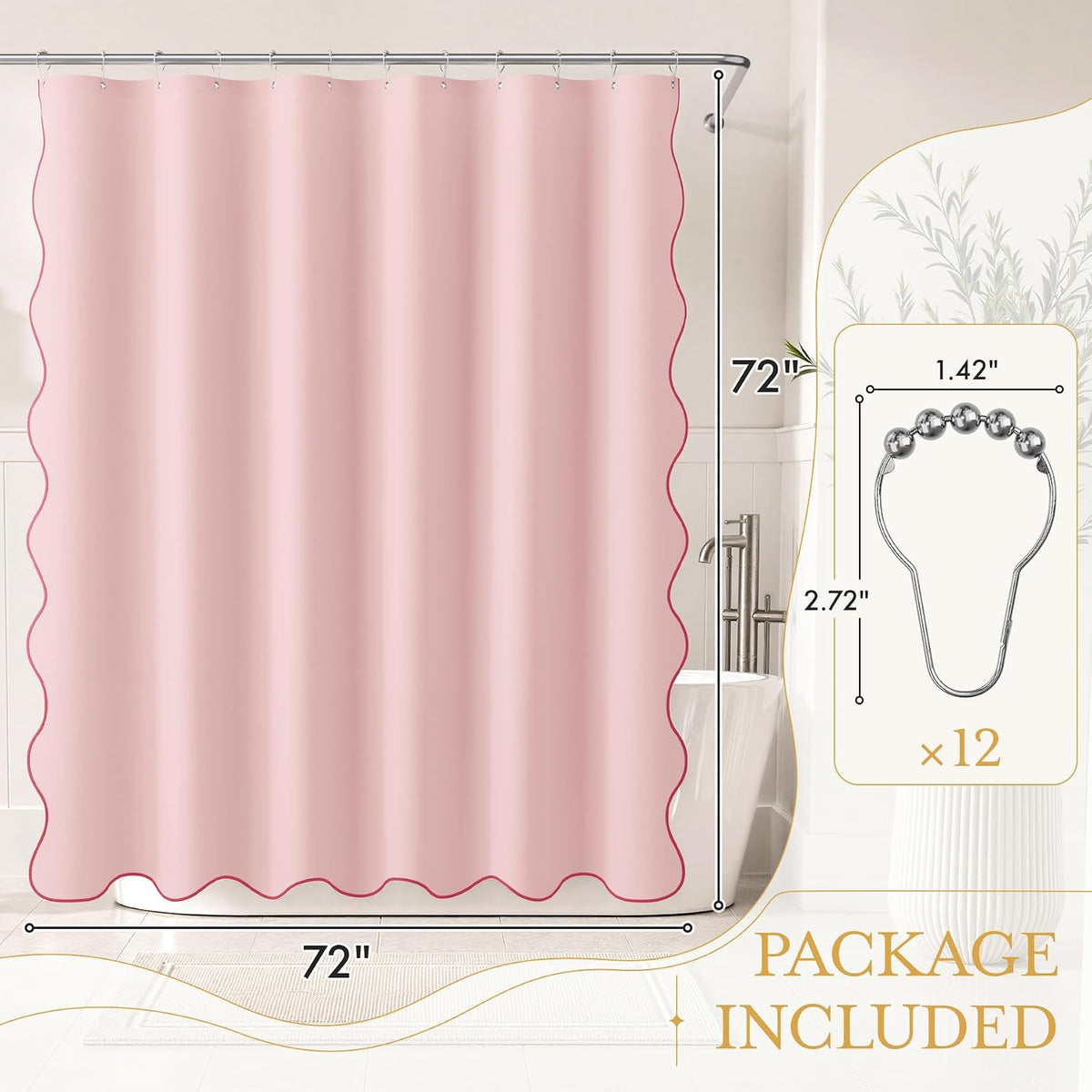 Pink Scalloped Shower Curtain with 12 Metal Hooks, Cute Heavy Duty Washable Curtains for Bathroom Hotel Bathtub, Water Repellent, 72 x 72 Inches