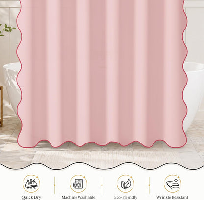 Pink Scalloped Shower Curtain with 12 Metal Hooks, Cute Heavy Duty Washable Curtains for Bathroom Hotel Bathtub, Water Repellent, 72 x 72 Inches