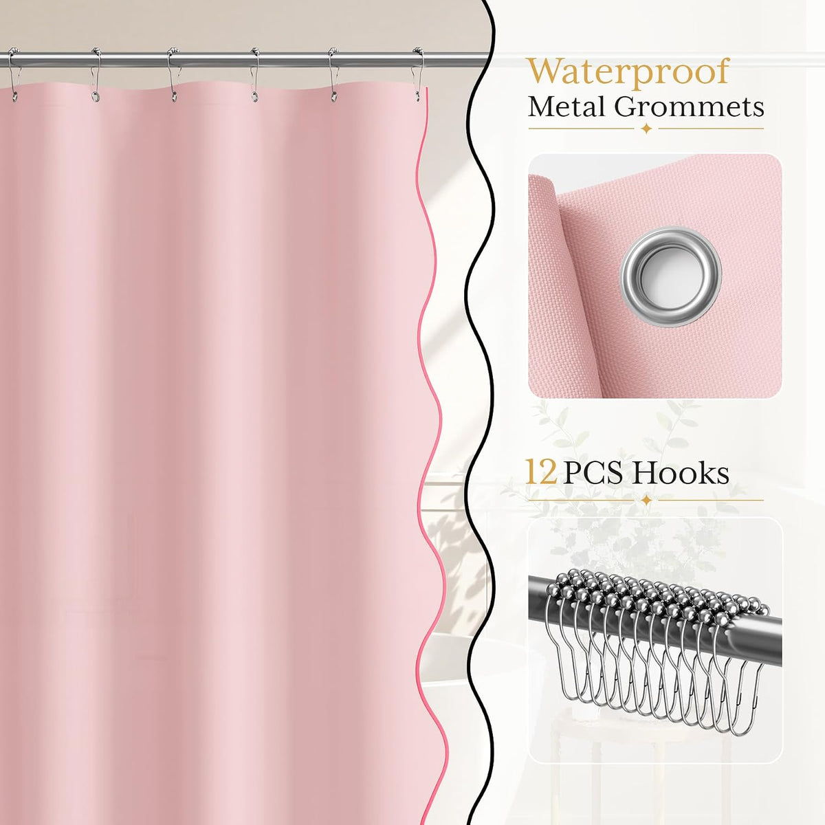 Pink Scalloped Shower Curtain with 12 Metal Hooks, Cute Heavy Duty Washable Curtains for Bathroom Hotel Bathtub, Water Repellent, 72 x 72 Inches