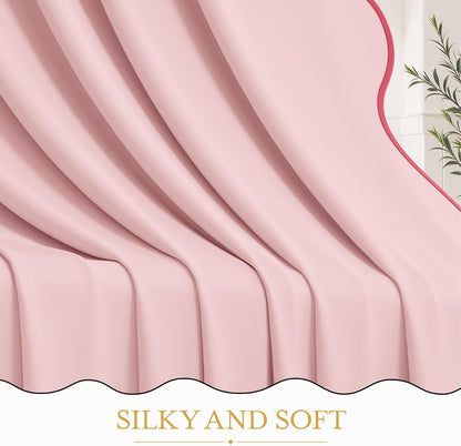 Pink Scalloped Shower Curtain with 12 Metal Hooks, Cute Heavy Duty Washable Curtains for Bathroom Hotel Bathtub, Water Repellent, 72 x 72 Inches
