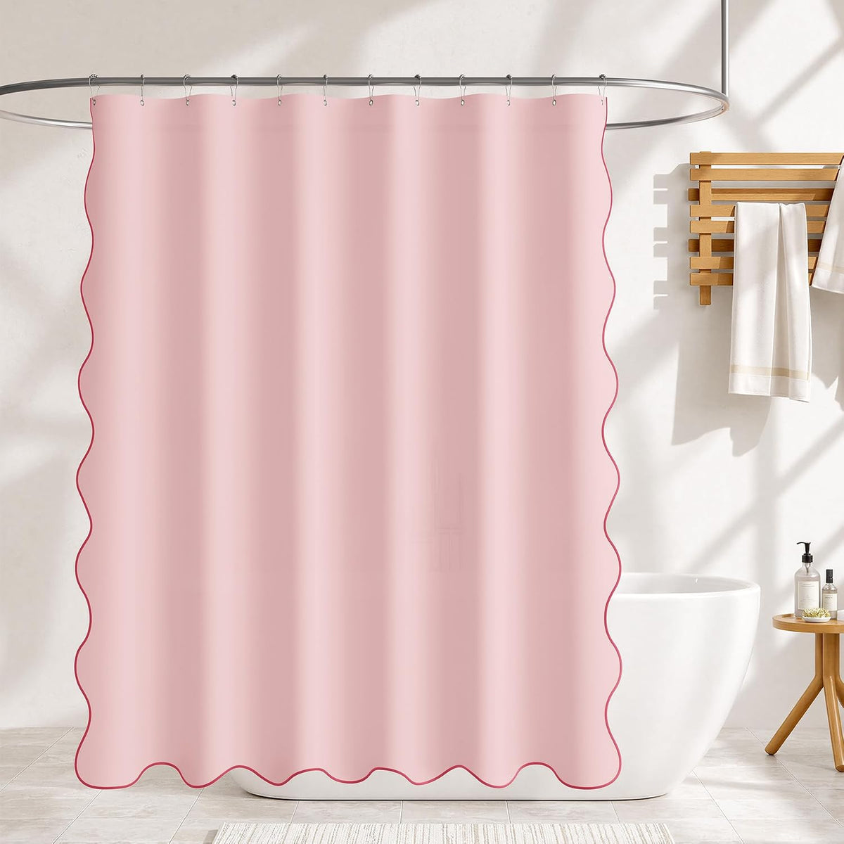 Pink Scalloped Shower Curtain with 12 Metal Hooks, Cute Heavy Duty Washable Curtains for Bathroom Hotel Bathtub, Water Repellent, 72 x 72 Inches
