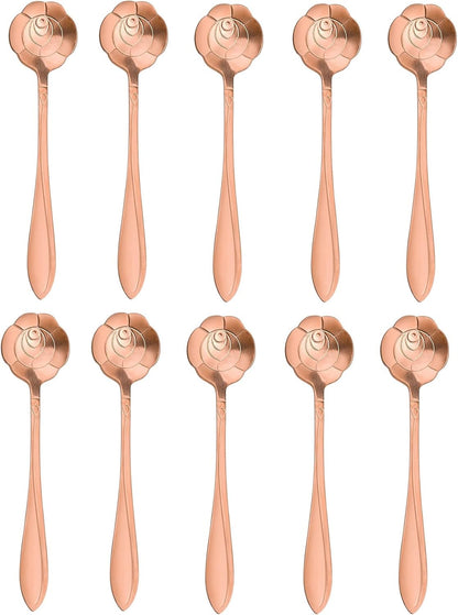 20-Piece Stainless Steel Rose Flower Coffee & Dessert Spoon Set - Sugar, Ice Cream, Stirring & Tea Spoon - Rose Gold