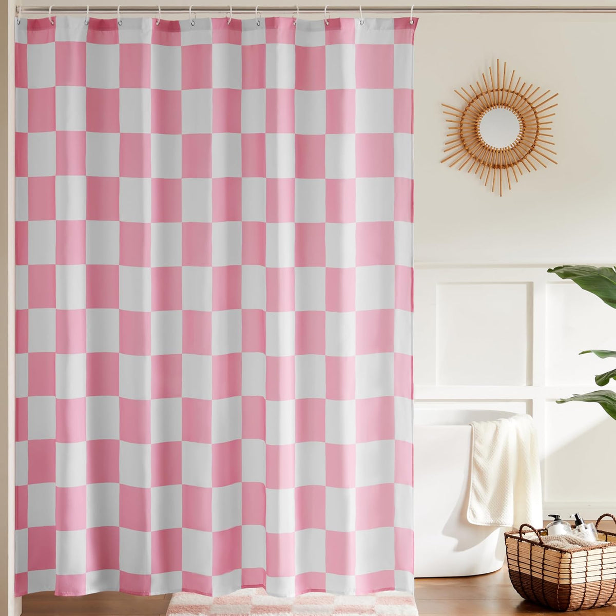 Checkered Shower Curtain, Pink Shower Curtains for Bathroom, Cute Retro Checkboard Shower Curtain Vintage Aesthetic, Washable Fabric Bath Curtain 72''x72''