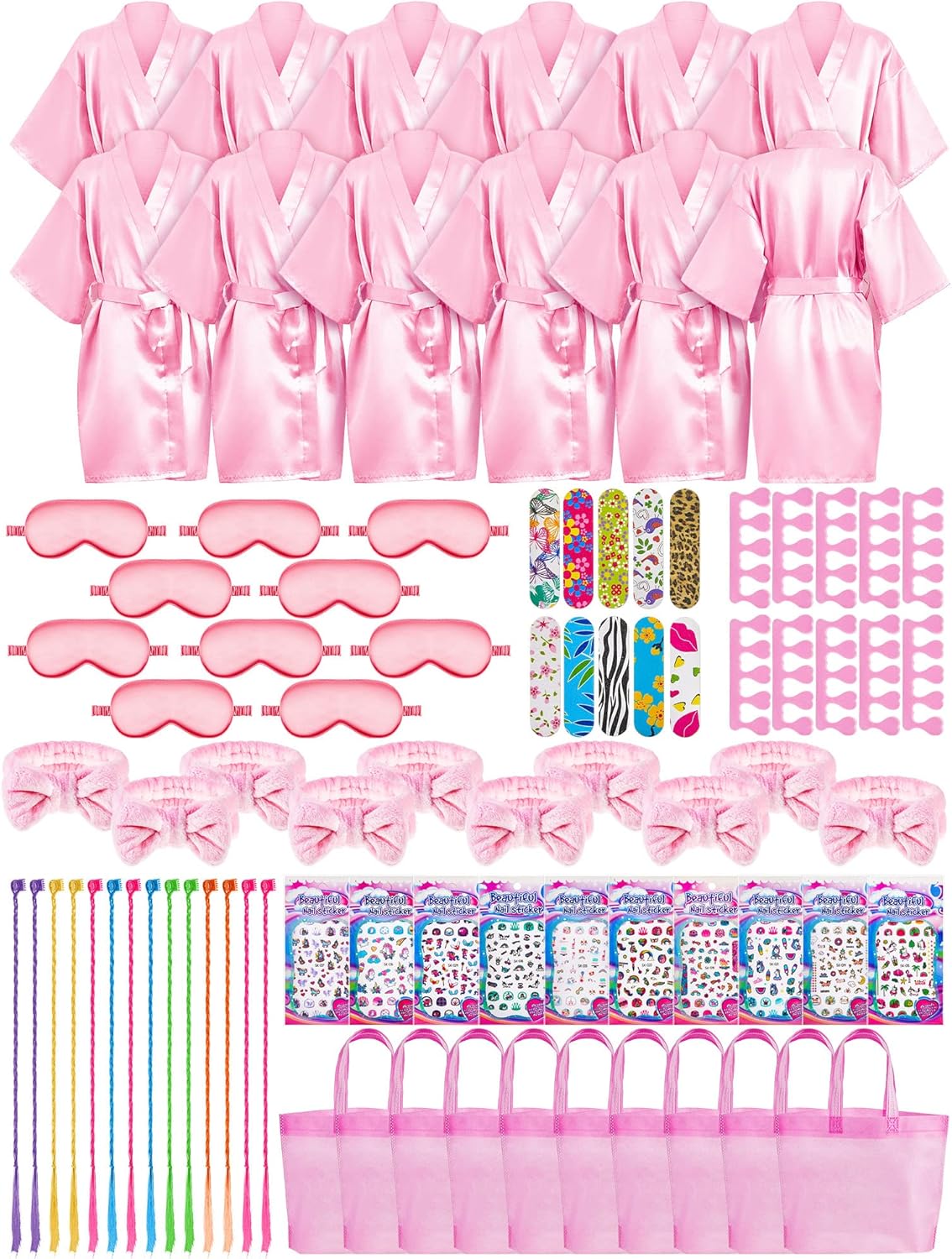 92 Pcs Spa Party Favors for Girls Slumber Party Supplies Kids Satin Robes Sleepover with Gift Bags for Girl Kids Birthday Gifts Total 10 Sets(Pink,12)