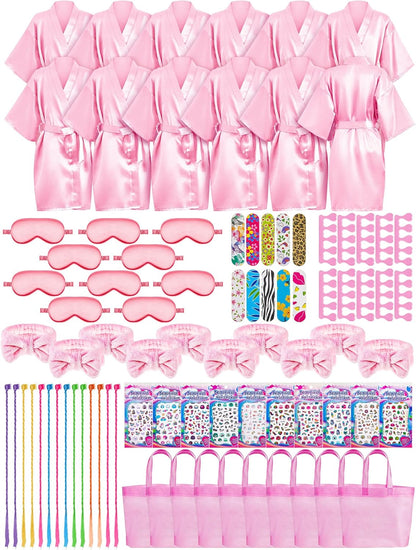 92 Pcs Spa Party Favors for Girls Slumber Party Supplies Kids Satin Robes Sleepover with Gift Bags for Girl Kids Birthday Gifts Total 10 Sets(Pink,12)