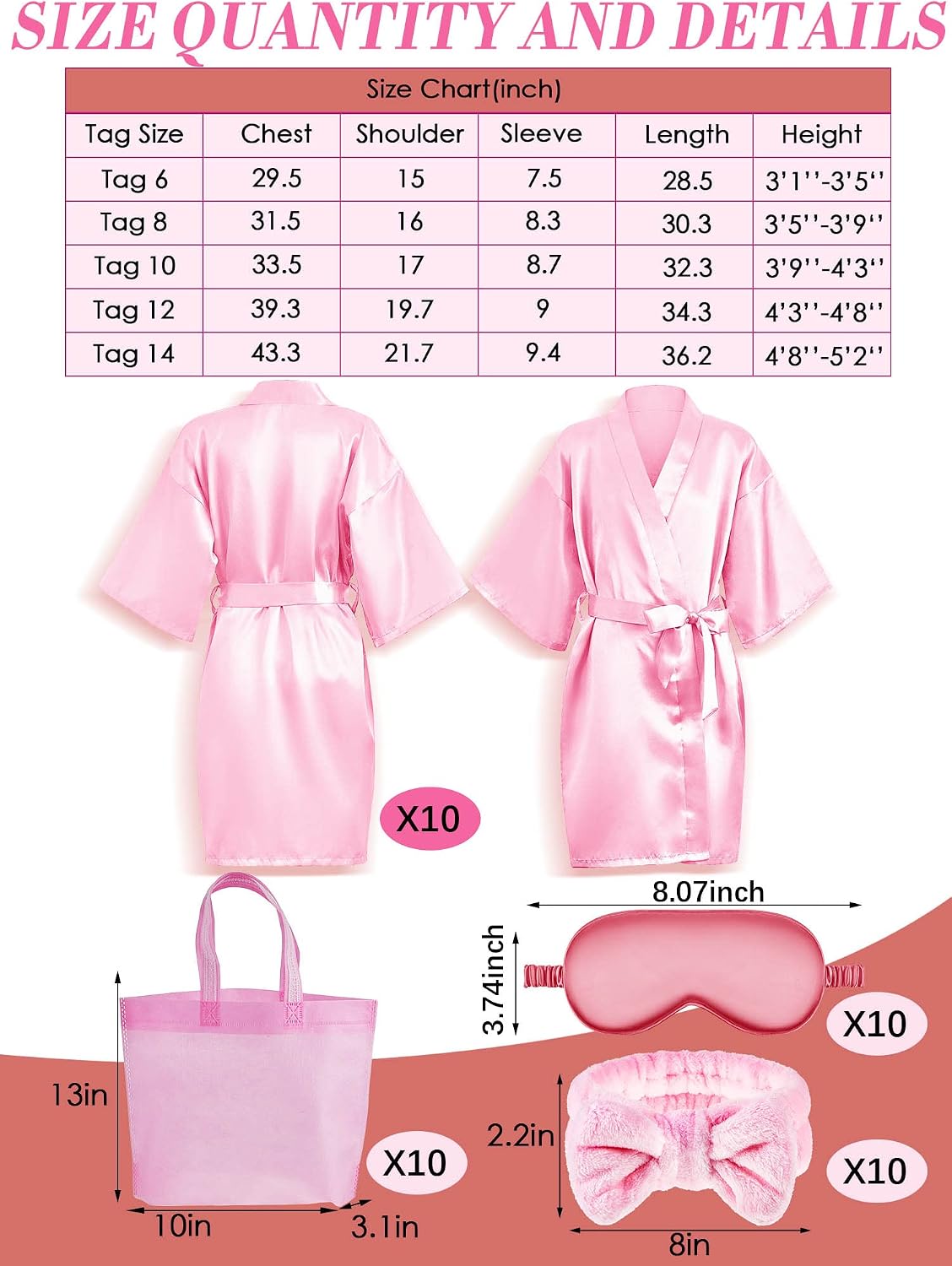 92 Pcs Spa Party Favors for Girls Slumber Party Supplies Kids Satin Robes Sleepover with Gift Bags for Girl Kids Birthday Gifts Total 10 Sets(Pink,12)