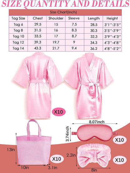 92 Pcs Spa Party Favors for Girls Slumber Party Supplies Kids Satin Robes Sleepover with Gift Bags for Girl Kids Birthday Gifts Total 10 Sets(Pink,12)