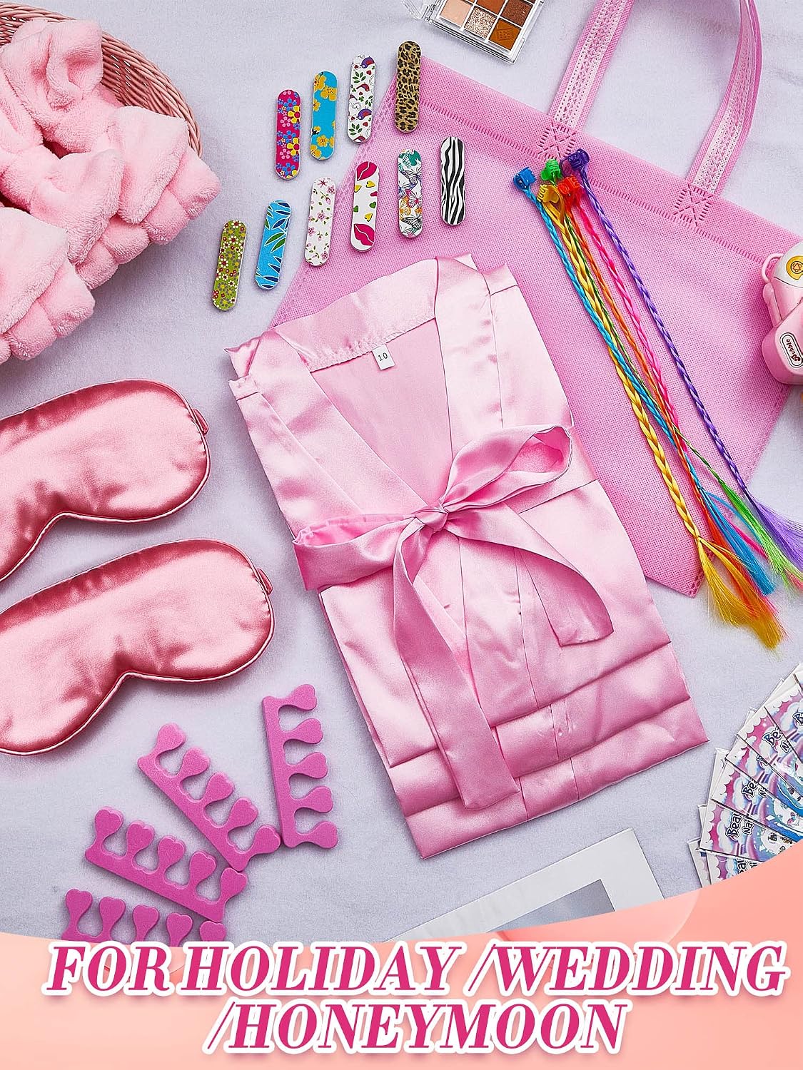 92 Pcs Spa Party Favors for Girls Slumber Party Supplies Kids Satin Robes Sleepover with Gift Bags for Girl Kids Birthday Gifts Total 10 Sets(Pink,12)