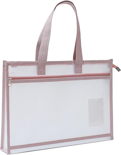 Project Bags for Quilting, A3 Size Portable Sewing Craft Bag with Handle, 17.3 x 13.6 in Waterproof Clear Zipper Pouch Bags for Knitting and Artworks Supplies (Pink)
