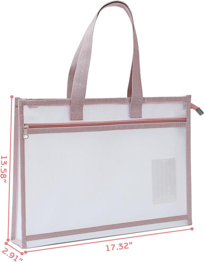 Project Bags for Quilting, A3 Size Portable Sewing Craft Bag with Handle, 17.3 x 13.6 in Waterproof Clear Zipper Pouch Bags for Knitting and Artworks Supplies (Pink)