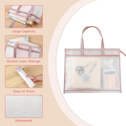 Project Bags for Quilting, A3 Size Portable Sewing Craft Bag with Handle, 17.3 x 13.6 in Waterproof Clear Zipper Pouch Bags for Knitting and Artworks Supplies (Pink)