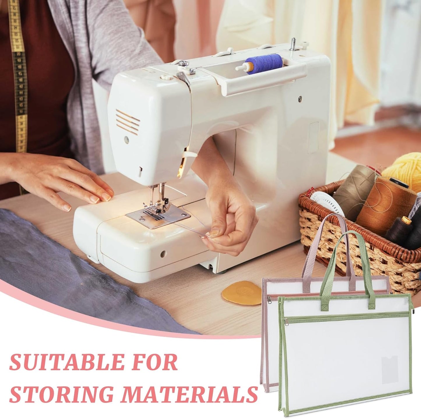 Project Bags for Quilting, A3 Size Portable Sewing Craft Bag with Handle, 17.3 x 13.6 in Waterproof Clear Zipper Pouch Bags for Knitting and Artworks Supplies (Pink)